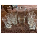 Plastic clear pitcher with cups & tray,