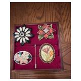 5 Costume Jewelry pins - 4 flowers & a heart