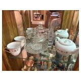 Tea set, cheese plate, glass bird, misc
