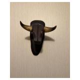 Wooden bull with real horns hat rack