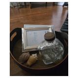Picture frames, jar, shells, tray, black bag