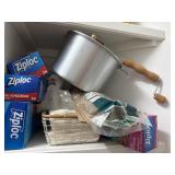 Kitchen lot - ziplocs, napkins, popcorn popper