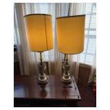 MCM brass & white ceramic lamps with shades