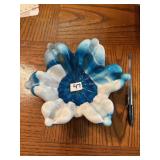 Hand Blown glass dish blue & white flower