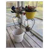 2 metal plant stands, wicker trashcan and floral