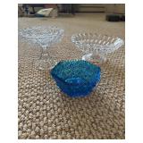 Crystal compote, blue glass dish & thumbprint dish
