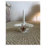 Fenton milk glass basket painted cardinal, signed