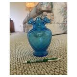 Fenton Blue Ruffle Crimped Quilted diamond vase