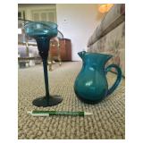 MCM teal candle holder & blown glass pitcher
