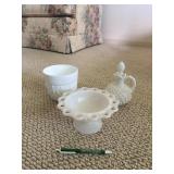 3 pcs milk glass: candy dish, vase, perfume bottle