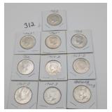 10 Silver Clad Kennedy Half Dollars Mixed Dates