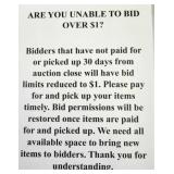Unable to bid over $1? Please pay & pick up
