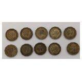 Ten 1940s-1960s Three Pence Coins