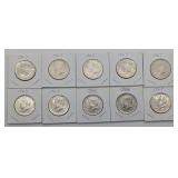10 Silver Clad Kennedy Half Dollars Mixed Dates