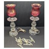 Pair Lamps w/ Cranberry Shades & Plastic Prisms