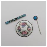 2 Enamel Brooch & a Stick Pin