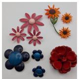 Enameled Metal Flower Brooches & Clip On Earrings