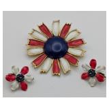 Weiss Red White Blue Enamel Flower Brooch & Clips