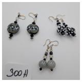 3 Pair Black & White Art Glass Earrings