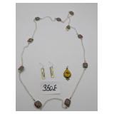 Fordite Type Necklace, Colorful Earrings & Pendant