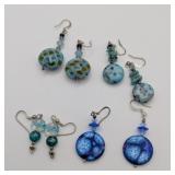 Four Pair Blue Art Glass Earrings