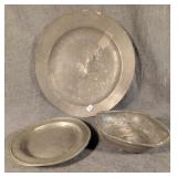 Antique Pewter Charger & 2 bowls