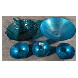 5 Teal Blue Bowls Inc Blenko Cabbage Leaf