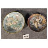 Bird Decorated Porcelain & Enameled Copper Bowls