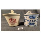 Angus Barn Cheese Crock and Blue & White Salt Jar
