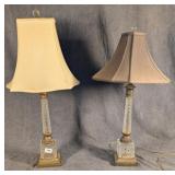 Pair Brass & Glass Column Lamps Differing Shades