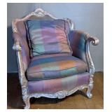 Plaid Upholstered Silver Gilt Framed Arm Chair