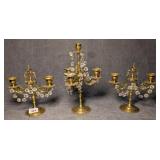 3 Piece Brass & Crystal Candle Garniture Set