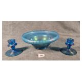 Blue Stretch Glass Console Set Likely Fenton