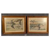 2 Vintage Framed Duck Prints in Chestnut Frames