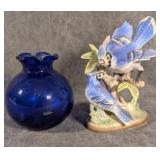 Cobalt Blue Glass Vase & Blue Jay Figurine