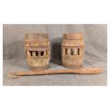 2 Wooden Wagon Wheel Hubs & Tool