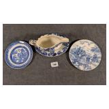 Two Blue & White Plates & A Gravy Boat