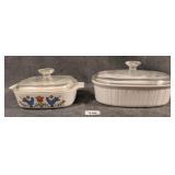 2 Lidded Corning Ware Casseroles 1 lid chipped