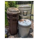 4 Plastic & 1 Metal Galvanized Trash Can