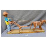 Folk Art Wooden Man with Mule Plow