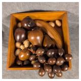A Footed Square Wooden Bowl w/ Wooden Fruit