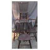 4 Primitive Turned Leg Plank Seat Chairs