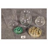 3 Glass Vases & 2 Flower Frogs w/ Chips