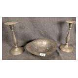 Pair of Pewter Candlesticks & a Bowl