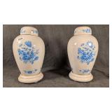 Pair of Blue & White Ceramics Covered Urn Vases