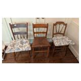 3 Antique Chairs & 2 Toile Cushions