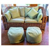 Rattan Love Seat W/ Cushions & Ottomans