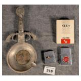 Ash Tray, Lucky Strike Zippo Lighter, Measure