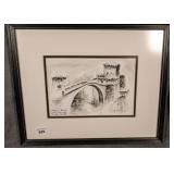 Ink Wash Drawing of Mostar Bridge Bosnia