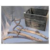 Crate & 4 Old Farm Implements